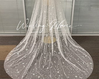 Shiny Glitter Wedding Veil, Star/Moon Veil, Unique Bridal Veil, Fairy Wedding Veil, One Tier, Comb Veil, Chapel Wedding Veil, Custom Veil