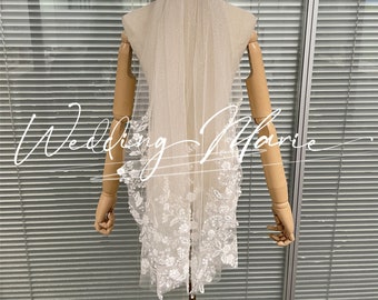 Handmade Champagne Glitter Tulle Wedding Veil: Floral Sequined Bridal Veil