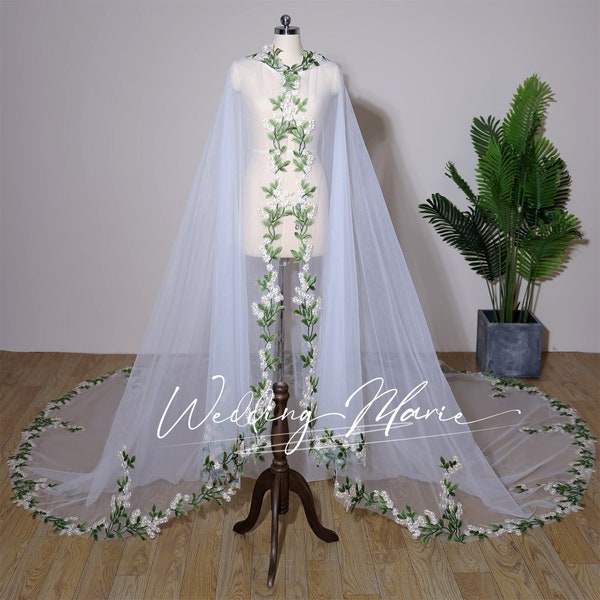 Bridal Hooded Cape,Bridal Cape Veil,Green Leaf/White Daisy Veil,Forest Style Wedding Cape,Unique Bridal Veil,Cathedral Cape Veil,Custom Cape