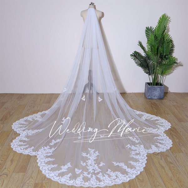 Petal Trailing Veil, Vintage Wedding Veil, Cathedral Veil, One Tier Comb Veil, Lace Bridal Veil, Custom Wedding Veil