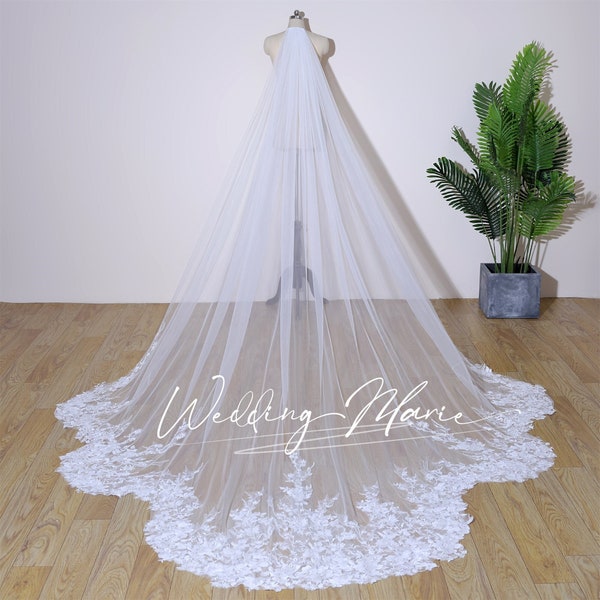 Unique Wedding Veil, Floral Appliques Veil, With Bead Embellishments, Fairy Bridal Veil, One Tier Cathedral Veil, Comb Veil, Custom Veil
