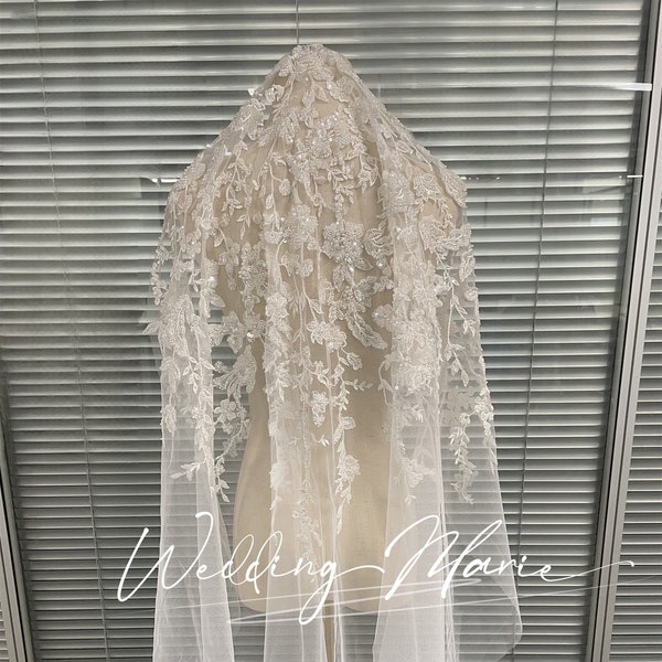 40 Inch Wedding Veil, Hijab Head Veil, Mantilla Veil For Bride, White Appliques Veil, Sequined/Beaded/Lace Veil, Custom  Veil