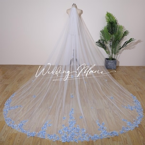 Blue Floral Wedding Veil, Flower Appliques With Beads, Dreamy Veil For Bride, Cathedral Length Veil, Support Custom