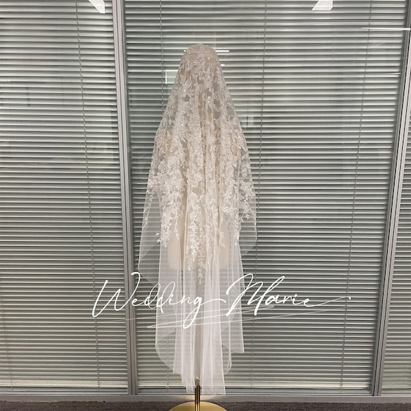 55 Inch Mantilla Veil, Fairy Bridal Veil, Beaded Lace Veil, Unique Wedding Veil, Floral Lace Veil, Bridal Hijab Headset, Custom Veil