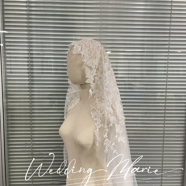 Bridal Hijab Veil, Cathedral Wedding Veil, Floral Bridal Veil, Vintage Mantilla Veil, With Pearl/Sequin/Beads Embellishments, Custom Veil