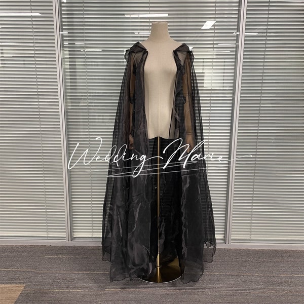 Schwarzes Organza-Cape, Hochzeits-Cape mit Kapuze, Brautkleid-Cape, Ball-Cape, Feen-Cape für die Braut, Braut-Kapuzen-Cape-Schleier, individuelles Cape