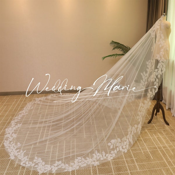 Wedding Veil With Lace Around, Leaf Lace Bridal Veil, One Layer Comb Veil, Mantilla Cathedral Veil, Custom Wedding Veil