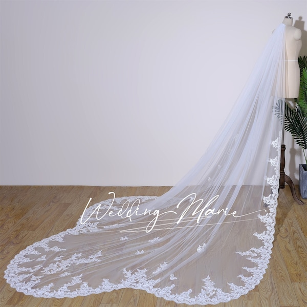 Vintage Wedding Veil, Petal-shaped Trailing Veil, Classic Lace Veil, Unique Bridal Veil, One Tier Cathedral Veil, Custom Wedding Veil