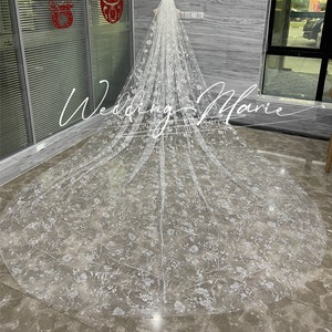 Sparkling Glitter Tulle Veil, Cathedral Wedding Veil, One Tier Comb Veil, Floral Wedding Veil, Unique Bridal Veil, Custom Veil