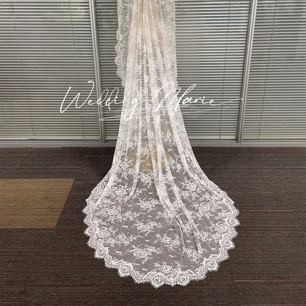Full Lace Veil, Vintage Bridal Mantilla, With Hair Clips, Fairy Bridal Veil, Single Layer Veil, Chapel Length Veil, Floral Veil