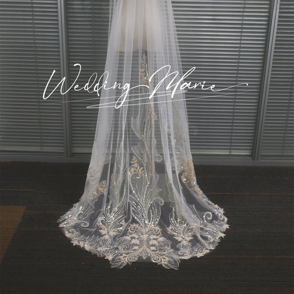 Sequined Appliques Veil, Shiny Wedding Veil, With Champagne Lace Embellishments, One Tier Comb Veil, Elegant Bridal Veil, Custom Bridal Veil