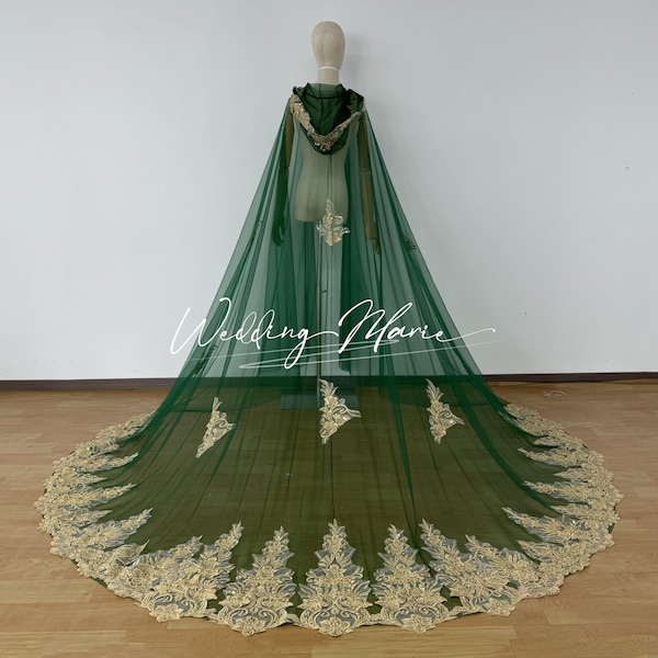 Handmade Dark Green Hooded Wedding Cape with Gold Appliques