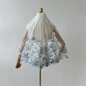 Elbow Length Wedding Veil, Blue Floral Bridal Veil, One Tier Comb Veil, Simple Bridal Veil, Support Custom