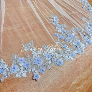 Blue Floral Wedding Veil, 3D Flower Veil, Wild Flower Bridal Veil, With Beads Embellishments, Cathedral Length Veil, Support Custom