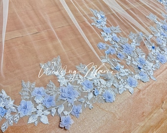 Blue Floral Wedding Veil: 3D Flower Bridal Veil, Cathedral Length, Custom