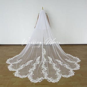 Scalloped Lace Wedding Veil: Beaded Sequins, Double Layer Blusher