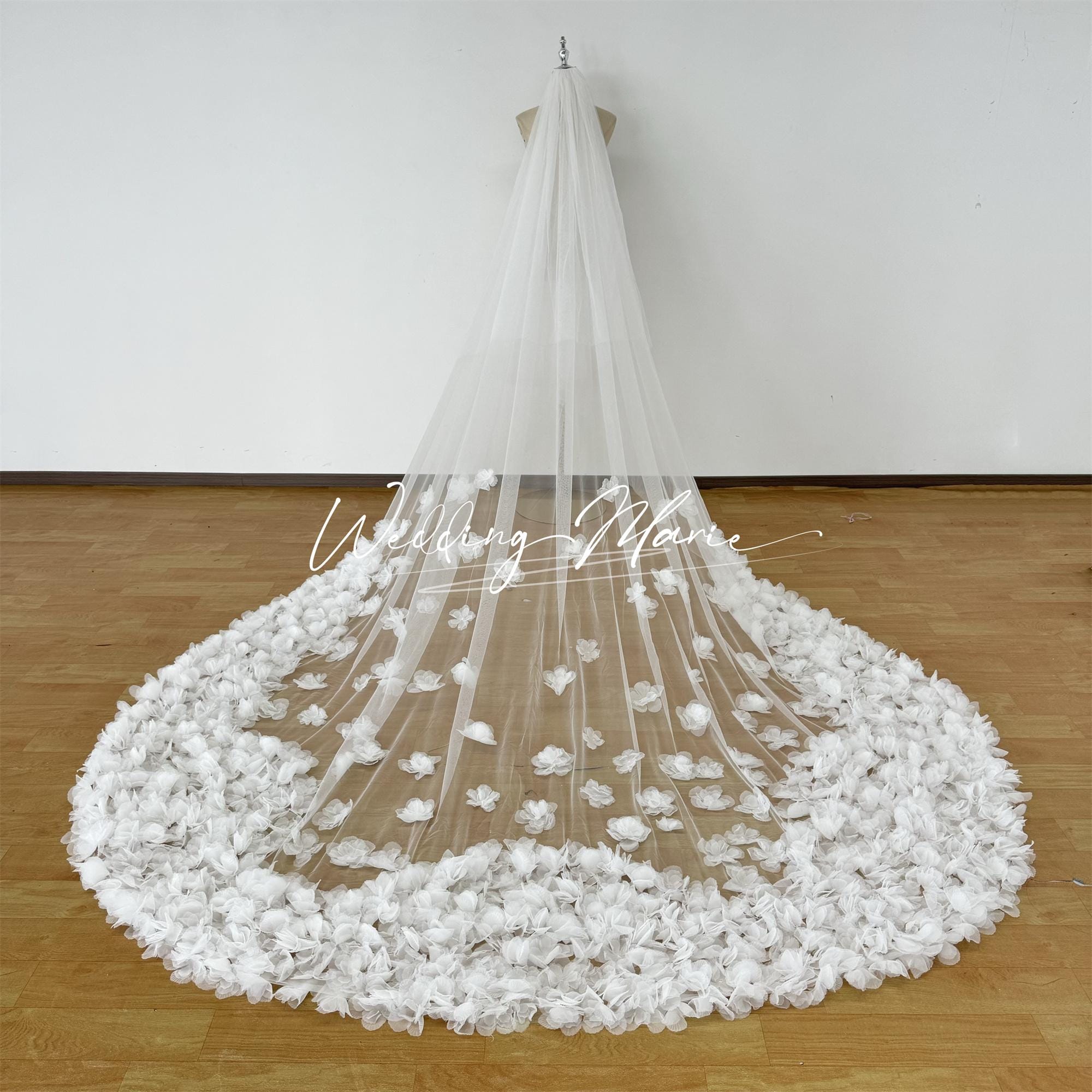 3D Flower Cathedral Wedding Veil: Handmade Two Tier Bridal Veil