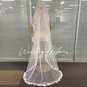 Floral/Leaf Lace Wedding Veil,With Bead Embellishments,Bridal Mantilla,Vintage Veil,Lace Trim Veil,Chapel Veil,Hijab Headset,Custom veil