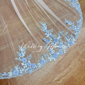 Dreamy Wedding Veil, Blue Flower Veil, With Beads Embellishments, One Tier Comb Veil, Cathedral Veil, Support Custom