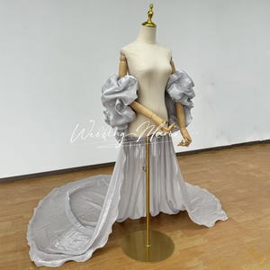 Viral Silver Metallic Cape-Elegant Bubble Sleeves And Dramatic Train