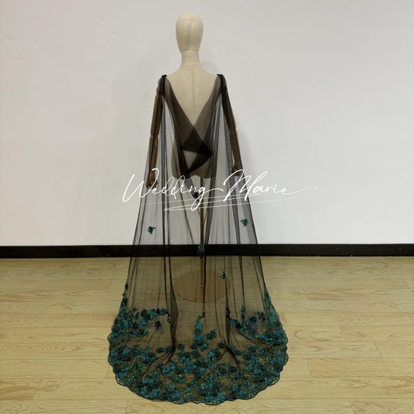 Capa de novia floral negra: velo de novia con espalda descubierta y cuentas