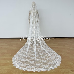 Handmade Floral Lace Cathedral Mantilla Veil with Hair Clip