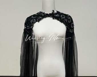 Floral Beaded Appliques Wedding Cape, Black Bridal Cape Veil,  Support Custom