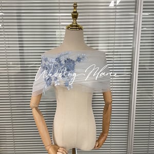 ブルーフローラルショルダーマントル、オフショルダートップカバー、ウェディングアクセサリー、チューブドレスショール、花嫁用取り外し可能ショール、カスタムショール