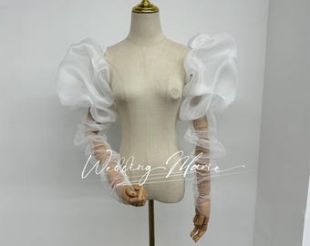 Detachable Organza Puff Sleeves, Pleated Tulle Bridal Sleeves