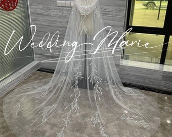 Hooded Wedding Cape Veil: Ivory Bridal Gown with Leaf Sequins