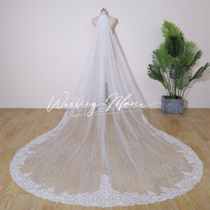 Elegant Lace Wedding Veil, Single Layer Comb Veil, Cathedral Bridal Veil, Ivory Tulle Veil, Floral Lace Veil, Custom Veil