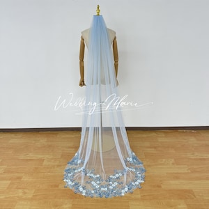 Blue Wedding Veil, Floor Length Bridal Veil, Blue Floral Lace Veil, Dreamy Bridal Veil, Support Custom