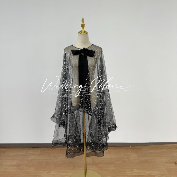 Star Glitter Tulle Bridal Cape: Black Wedding Capelet