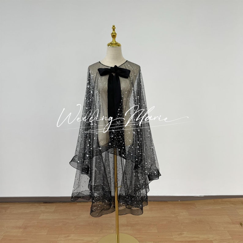 Star Glitter Tulle Bridal Cape: Black Wedding Capelet Black