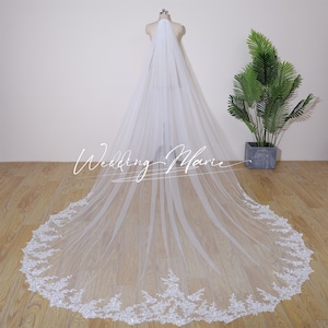 Floral Lace Wedding Veil, Cathedral Veil For Bride, Single Layer Comb Veil, Elegant Bridal Veil, Support Custom