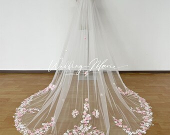Handmade Pink Floral Wedding Veil: Pearl Embellished One-Tier Bridal Veil