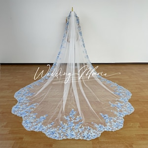 Blue Floral Appliques Veil, Petal Trailing Veil, Dreamy Veil For Bride, Blue Flower Veil, With Bead Embellishments, Cathedral Length Veil