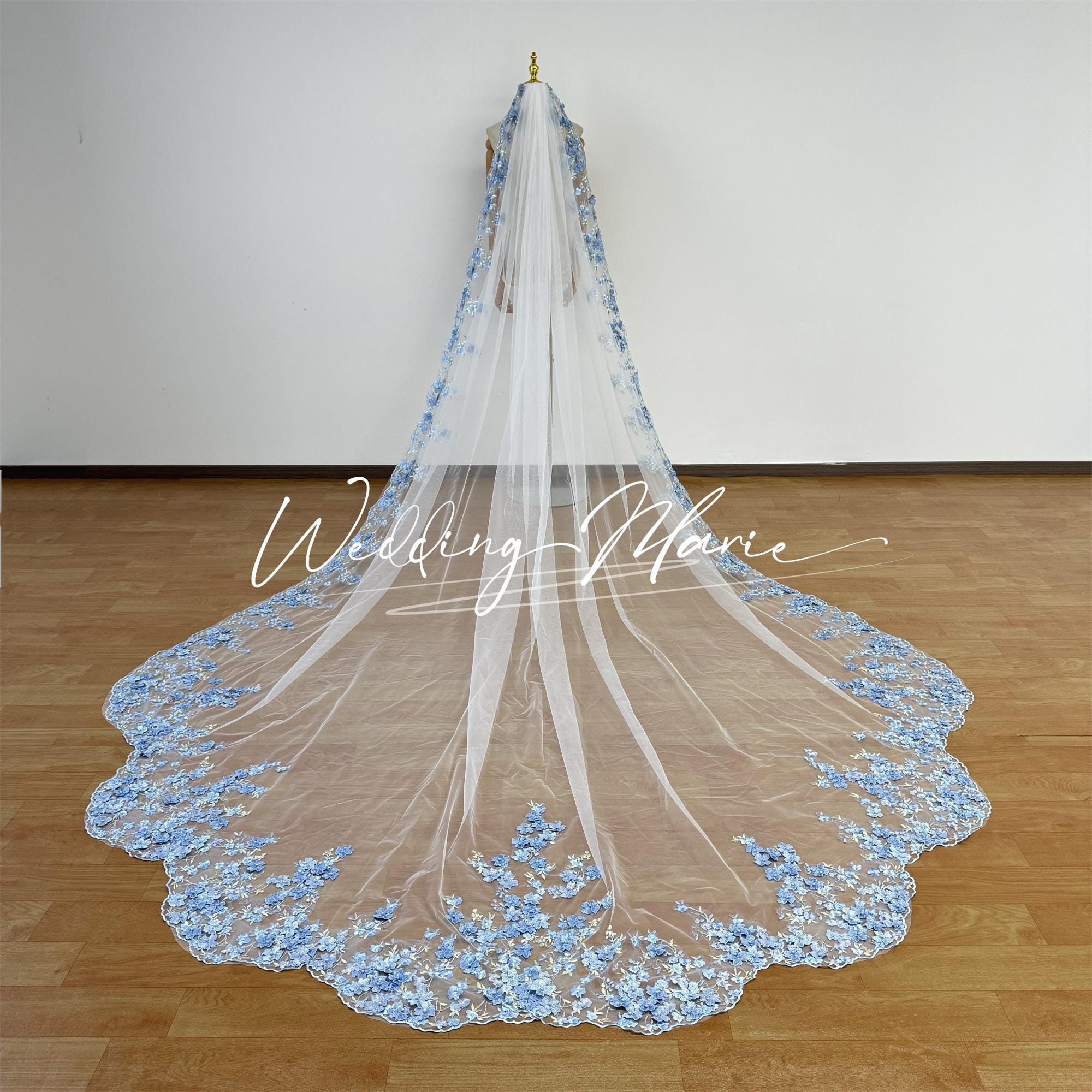 Blue Floral Appliques Veil, Petal Trailing Veil, Dreamy Veil For Bride, Blue Flower Veil, With Bead Embellishments, Cathedral Length Veil