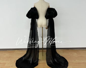 Black Organza Detachable Sleeves: Bridal Gown Shoulder Drape