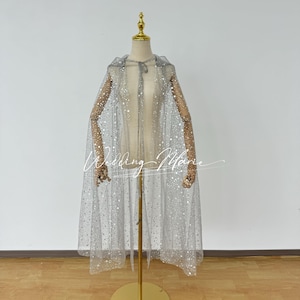 Shimmer Grey Glitter Tulle Cape, Hooded Cape, Pageant Cape, Dress Cover Up, Fairy Tulle Cape, Support Custom