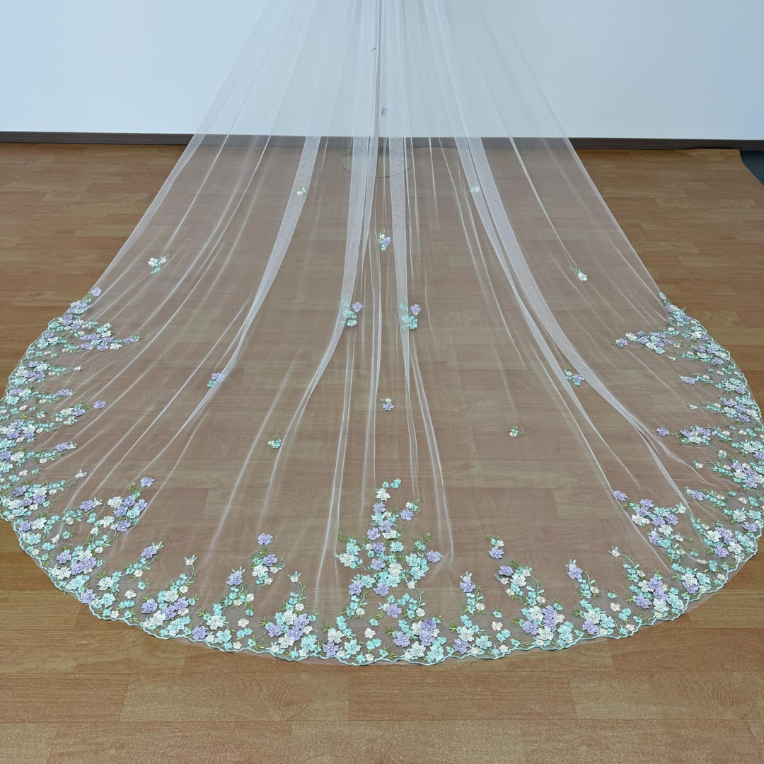 Colored Floral Wedding Veil, 3D Flower Veil for Bride, Cathedral Veil ...