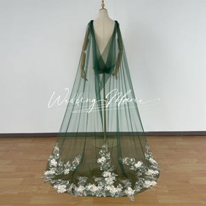 Dark Green Tulle Bridal Cape Veil: Floral Lace V-Back Shawl