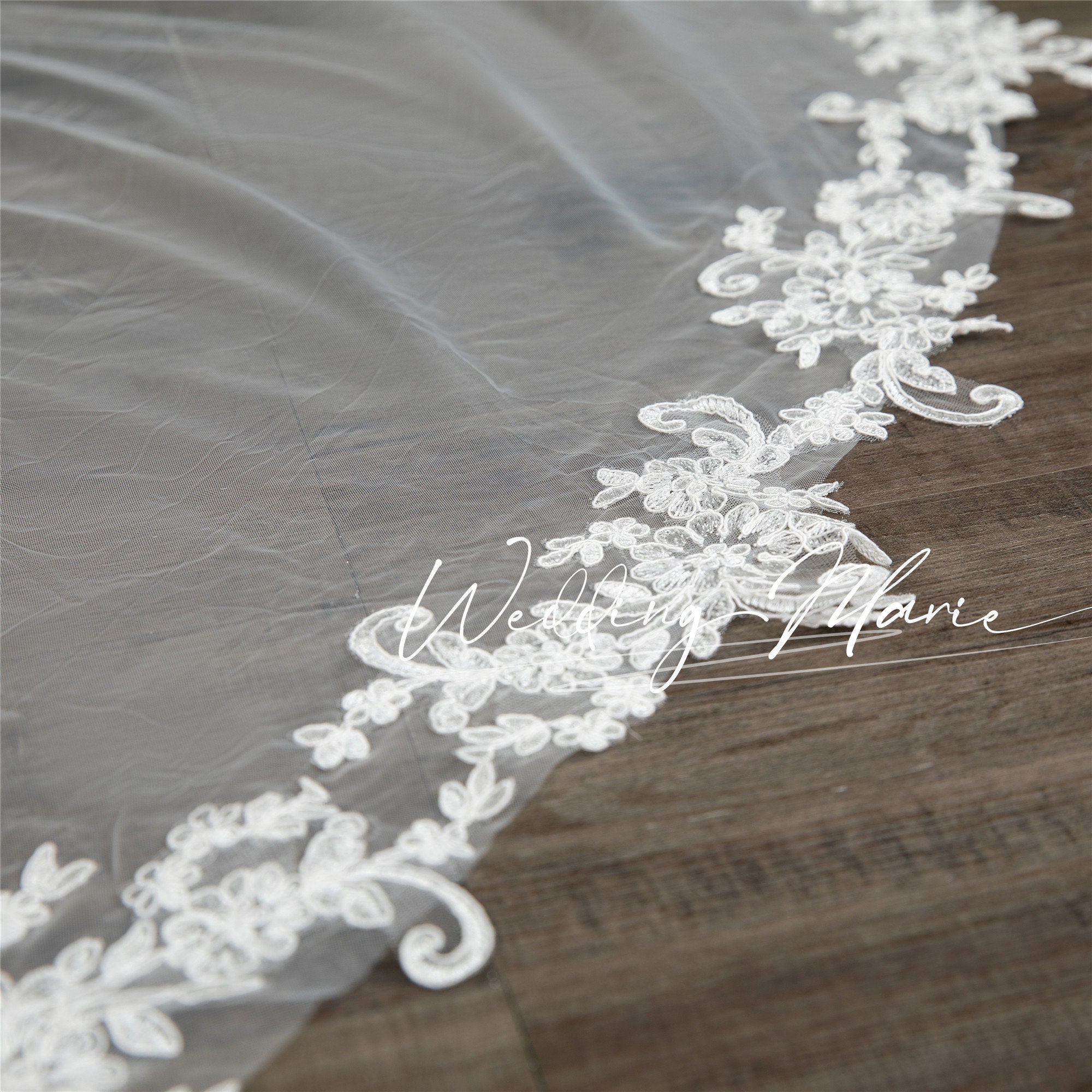 One Layer Tulle with Lace Edge Long Wedding Veils with Comb –  BestWeddingVeil