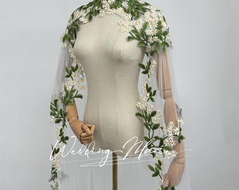 Green Leaf Embroidered Wedding Cape: Bridal Forest Style Veil