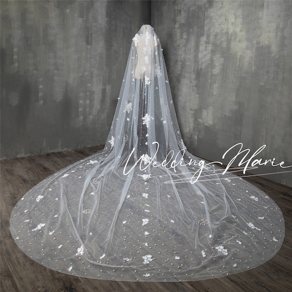 Scattered White Pearls Champagne Lace Floral & Leaves Bridal Soft Tulle Veil,  1 Tier Floor Length Custom Wedding Veil - Yahoo Shopping