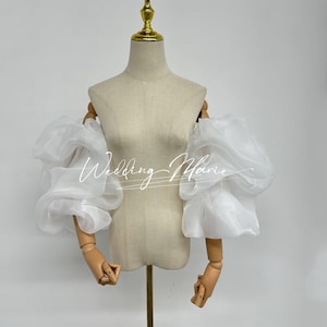Mangas de casamento fora do ombro, mangas removíveis, mangas de organza, mangas bufantes para noiva, suporte personalizado