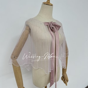 Personalized Bridal Cape, Wedding Cape, Pink Tulle Cape With Satin Bandage, Wrap For Dress, Beaded Cape, Bridal Shawl, Wedding Capelet