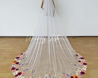 Wedding Veil, Colorful Floral Veil, Wild Flower Veil, Cathedral Veil With Comb, Forest Veil For Bride, One Tier Veil, Support Custom
