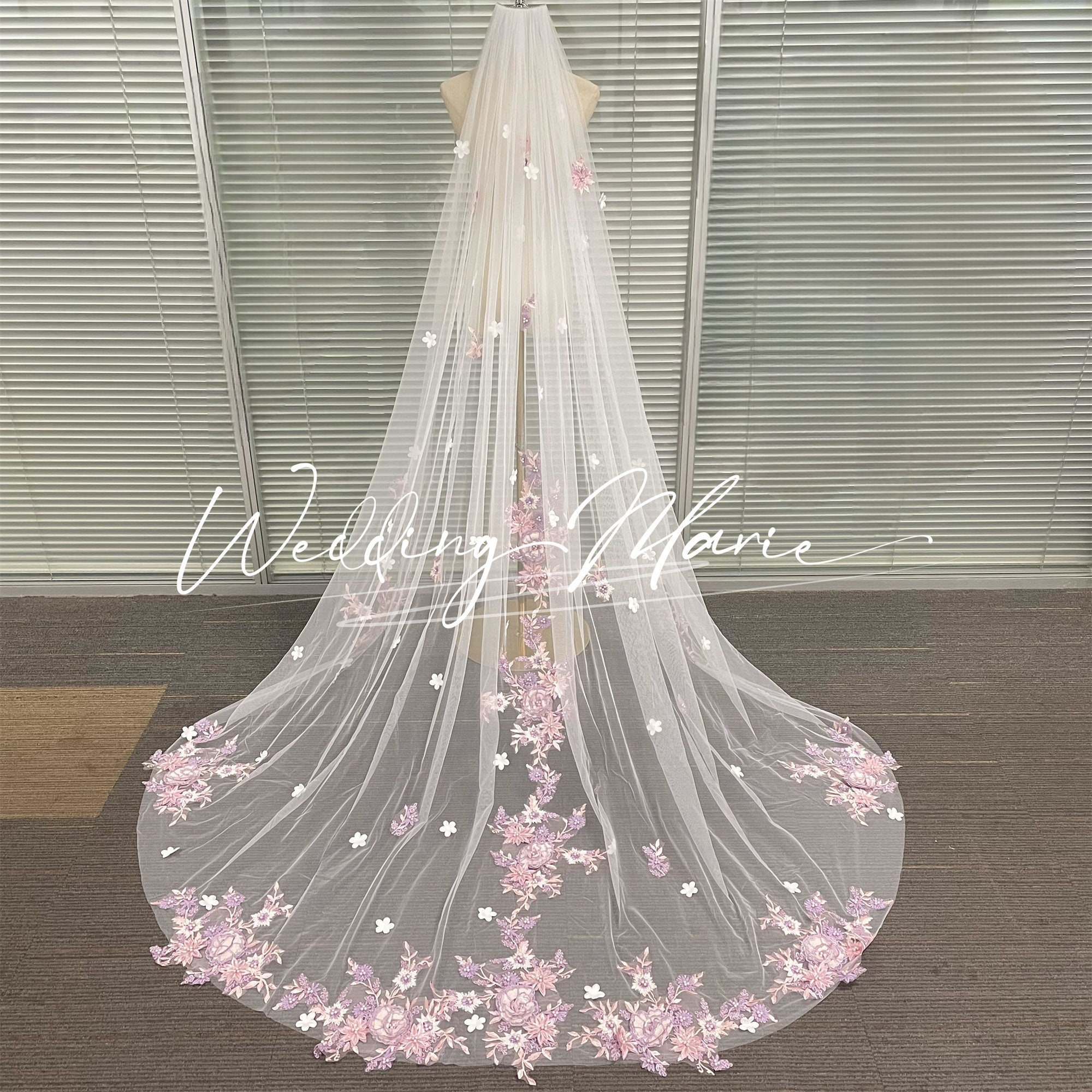 3D Flower Veil, Purple And Pink Floral Bridal Veil, Fairy Veil, With Pearl Decoration, Romantic Veil For Bride, Custom Veil