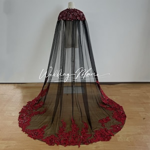 Black Wedding Cape: Red Floral Appliques, Floor Length Bridal Veil